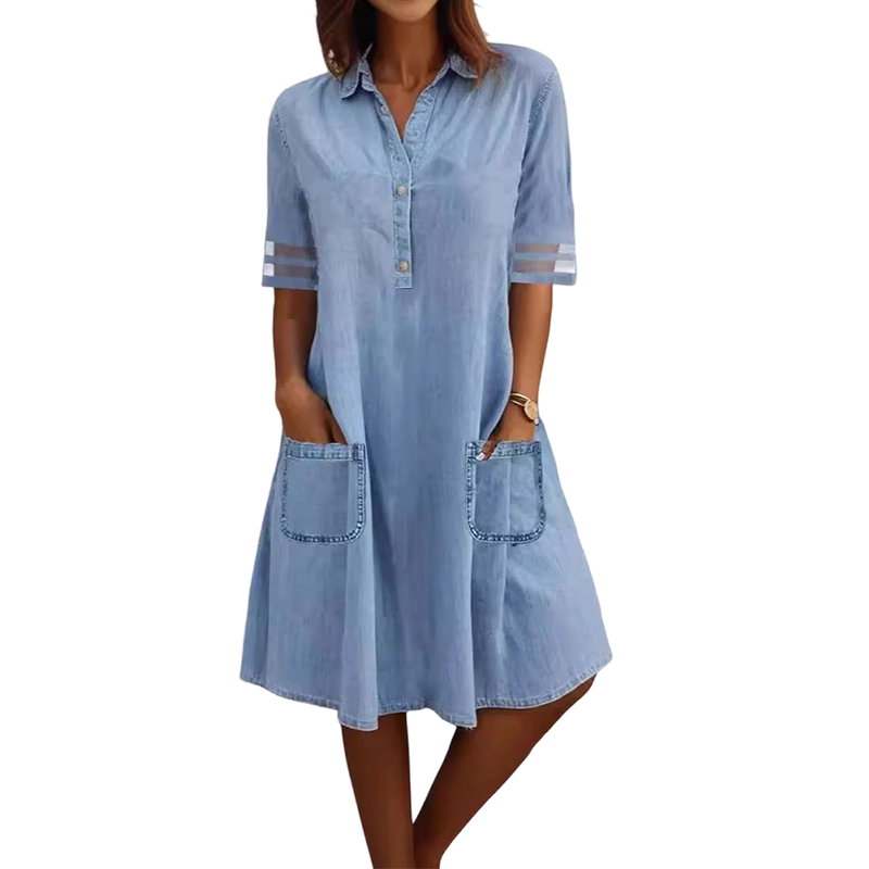 ⭐ 50% Rabatt! ⭐ Blaues Denim-Minikleid – Kragen, Spitzenärmel, Seitentaschen. Lässig trifft elegant! 💃