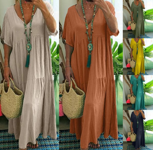 👗 50% RABATT! 🔥 Lässiges langes Damenkleid mit kurzen Ärmeln – Weich, luftig & vielseitig – Perfekt für warme Tage, Strand oder einen entspannten Look – bequemer Schnitt für den Alltag 🌸✨