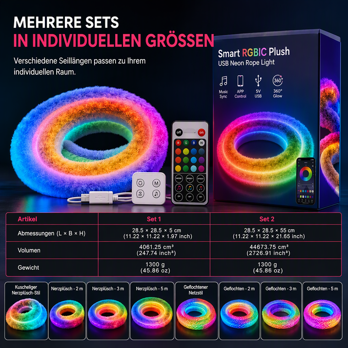 ✨ 50% RABATT! 🌟360° rundum leuchtendes plüschiges Neon-LED-Streifenlicht mit RGB-Verfolgungs- und Fließlichteffekt, per Bluetooth-App und Fernbedienung steuerbar