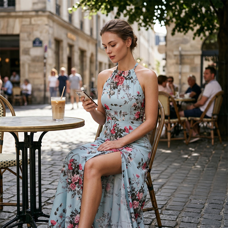 👗🌺 Halterkleid mit Schlitz und Blumenmuster – 50% RABATT! Sinnlich, leicht & perfekt für Sommer, Strand oder festliche Anlässe 🌸