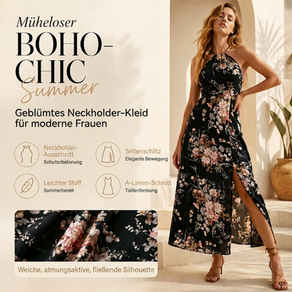 👗🌺 Halterkleid mit Schlitz und Blumenmuster – 50% RABATT! Sinnlich, leicht & perfekt für Sommer, Strand oder festliche Anlässe 🌸