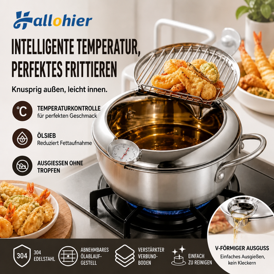 🍤 Nur für kurze Zeit: 50 % Rabatt! ⚡ Tempura-Fritteuse aus Edelstahl 201 – mit Thermometer, Abtropfgitter und tiefem Korpus ✨