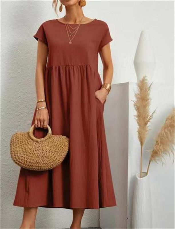 👗🌸 Kvinnors Bomull-Linne Enfärgad Klänning med Fickor – Andningsbar, Smickrande Midja & Lättvikt – Perfekt För Vår & Sommar ☀️