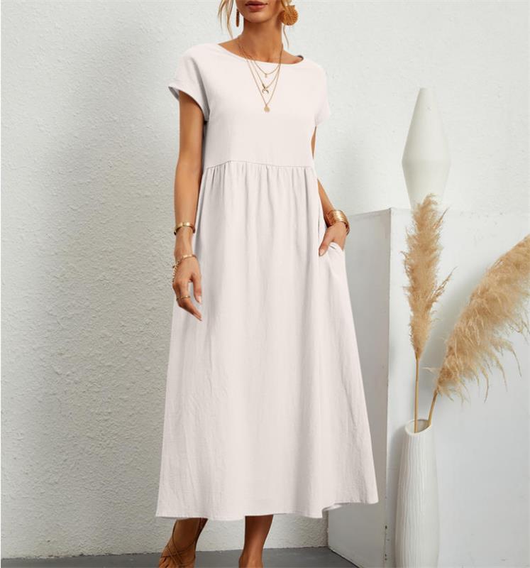 👗🌸 Kvinnors Bomull-Linne Enfärgad Klänning med Fickor – Andningsbar, Smickrande Midja & Lättvikt – Perfekt För Vår & Sommar ☀️