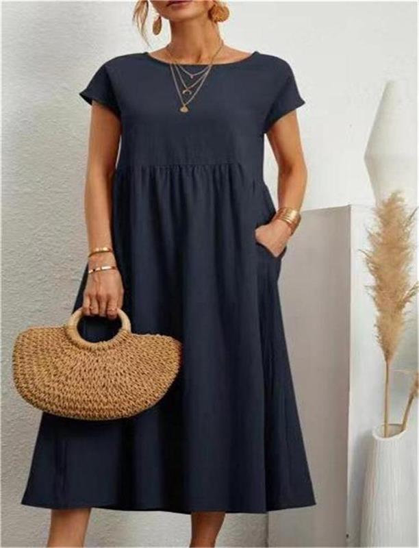 👗🌸 Kvinnors Bomull-Linne Enfärgad Klänning med Fickor – Andningsbar, Smickrande Midja & Lättvikt – Perfekt För Vår & Sommar ☀️