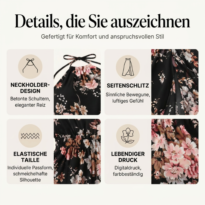 👗🌺 Halterkleid mit Schlitz und Blumenmuster – 50% RABATT! Sinnlich, leicht & perfekt für Sommer, Strand oder festliche Anlässe 🌸