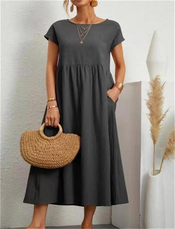 👗🌸 Kvinnors Bomull-Linne Enfärgad Klänning med Fickor – Andningsbar, Smickrande Midja & Lättvikt – Perfekt För Vår & Sommar ☀️
