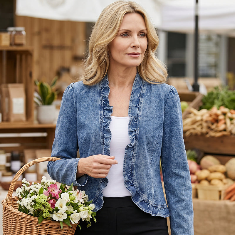 🔥Letzter Tag: 50% Rabatt!⏰👖Damen-Jeansjacke mit Rüschenbesatz und offenem Vorderteil – Leicht und feminin – Vielseitig und schick✨