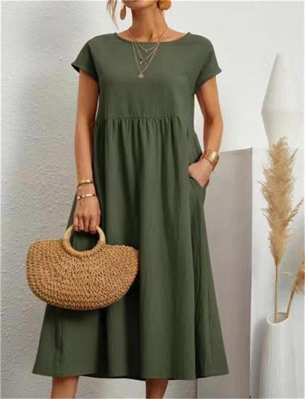 👗🌸 Kvinnors Bomull-Linne Enfärgad Klänning med Fickor – Andningsbar, Smickrande Midja & Lättvikt – Perfekt För Vår & Sommar ☀️