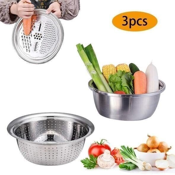 ⏳Zeitlich begrenzter 50% Rabatt⏰ Haushalts-Edelstahl 3-teiliges Gemüse-Hack- und Abtropfkorb-Set🥒🥔🧅