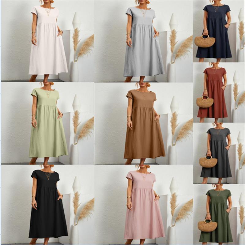 👗🌸 Kvinnors Bomull-Linne Enfärgad Klänning med Fickor – Andningsbar, Smickrande Midja & Lättvikt – Perfekt För Vår & Sommar ☀️