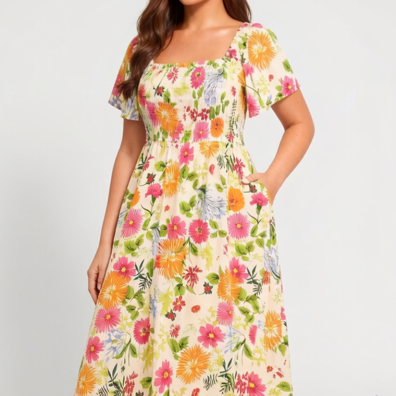 🔥Letzter Tag:50% Rabatt!⏰🌸👗 Blumenkleid mit Raffungen, quadratischem Ausschnitt & Taschen🏖️