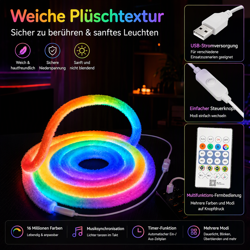 ✨ 50% RABATT! 🌟360° rundum leuchtendes plüschiges Neon-LED-Streifenlicht mit RGB-Verfolgungs- und Fließlichteffekt, per Bluetooth-App und Fernbedienung steuerbar