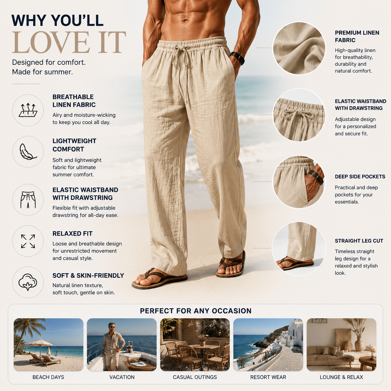 👖 ZEITLICH BEGRENZTER 50% RABATT! ✨ Herren-Leinenhose – Lockere Passform, Kordelzug am Bund, Funktionale Taschen 🌿
