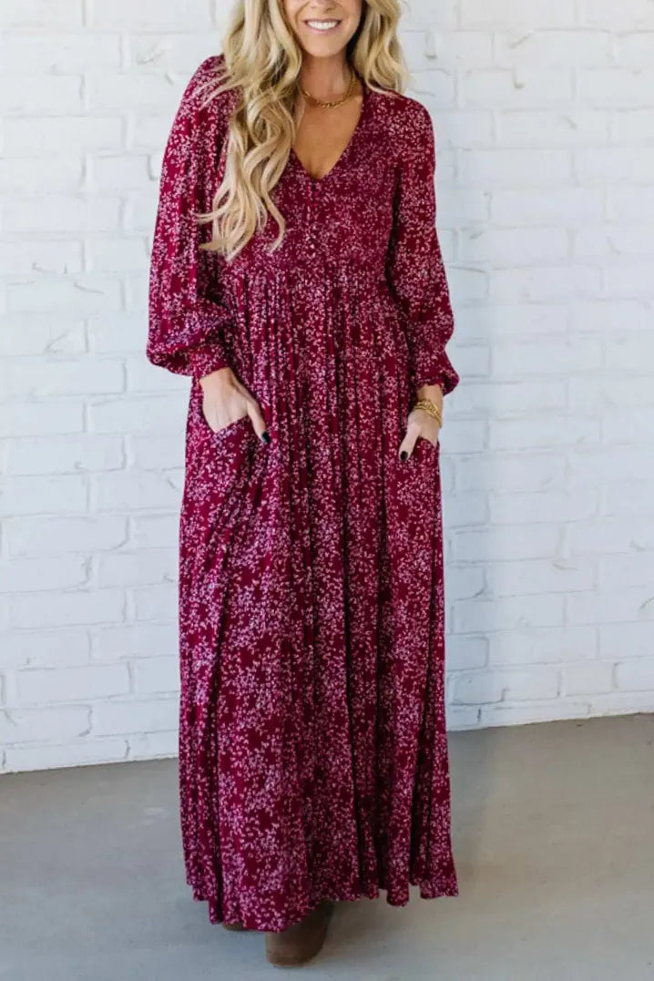 💎 60% RABATT! 💎 Gefüttertes Blumen-Maxikleid aus Viskose – Geraffte Taille, Statement-Ärmel & Versteckte Taschen 🌸👗