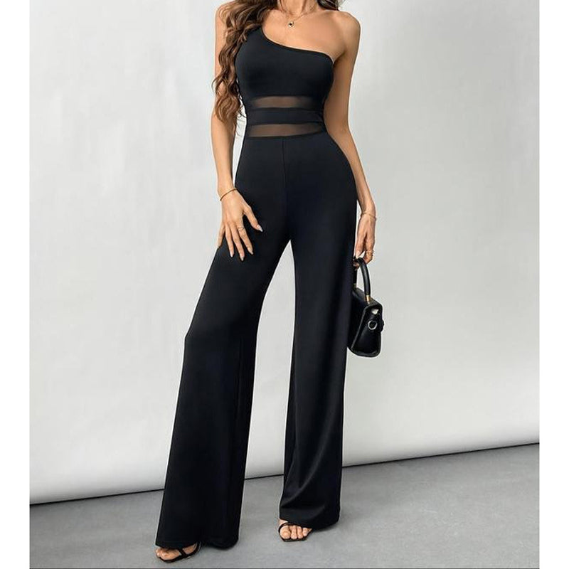 ✨ LIMITED-TIME 50% RABATT! One-Shoulder Jumpsuit mit weitem Bein und Netzeinsatz