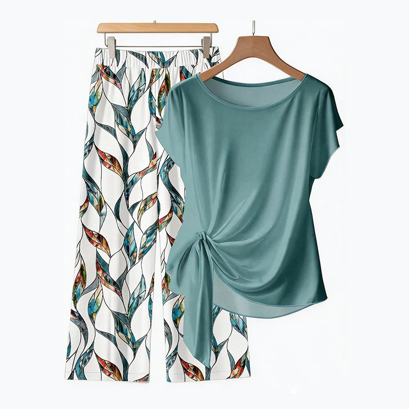 ⏰ 50 % RABATT – Nur für kurze Zeit ✨ Damen-Set: Oberteil mit seitlicher Bindung & stylische gemusterte Hose ✨ Sommerlook, bequem & modern 👗