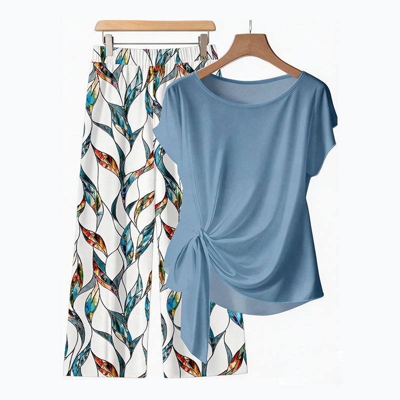 ⏰ 50 % RABATT – Nur für kurze Zeit ✨ Damen-Set: Oberteil mit seitlicher Bindung & stylische gemusterte Hose ✨ Sommerlook, bequem & modern 👗