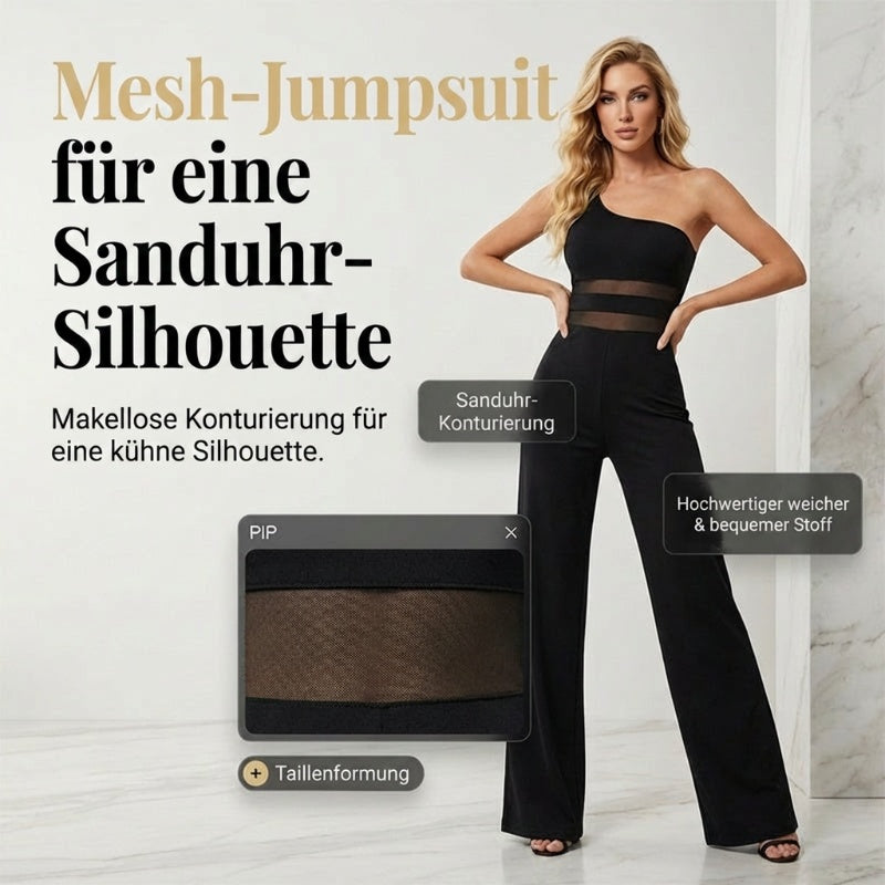 ✨ LIMITED-TIME 50% RABATT! One-Shoulder Jumpsuit mit weitem Bein und Netzeinsatz