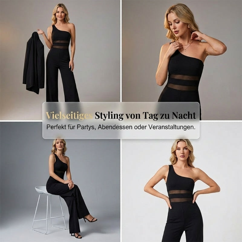 ✨ LIMITED-TIME 50% RABATT! One-Shoulder Jumpsuit mit weitem Bein und Netzeinsatz