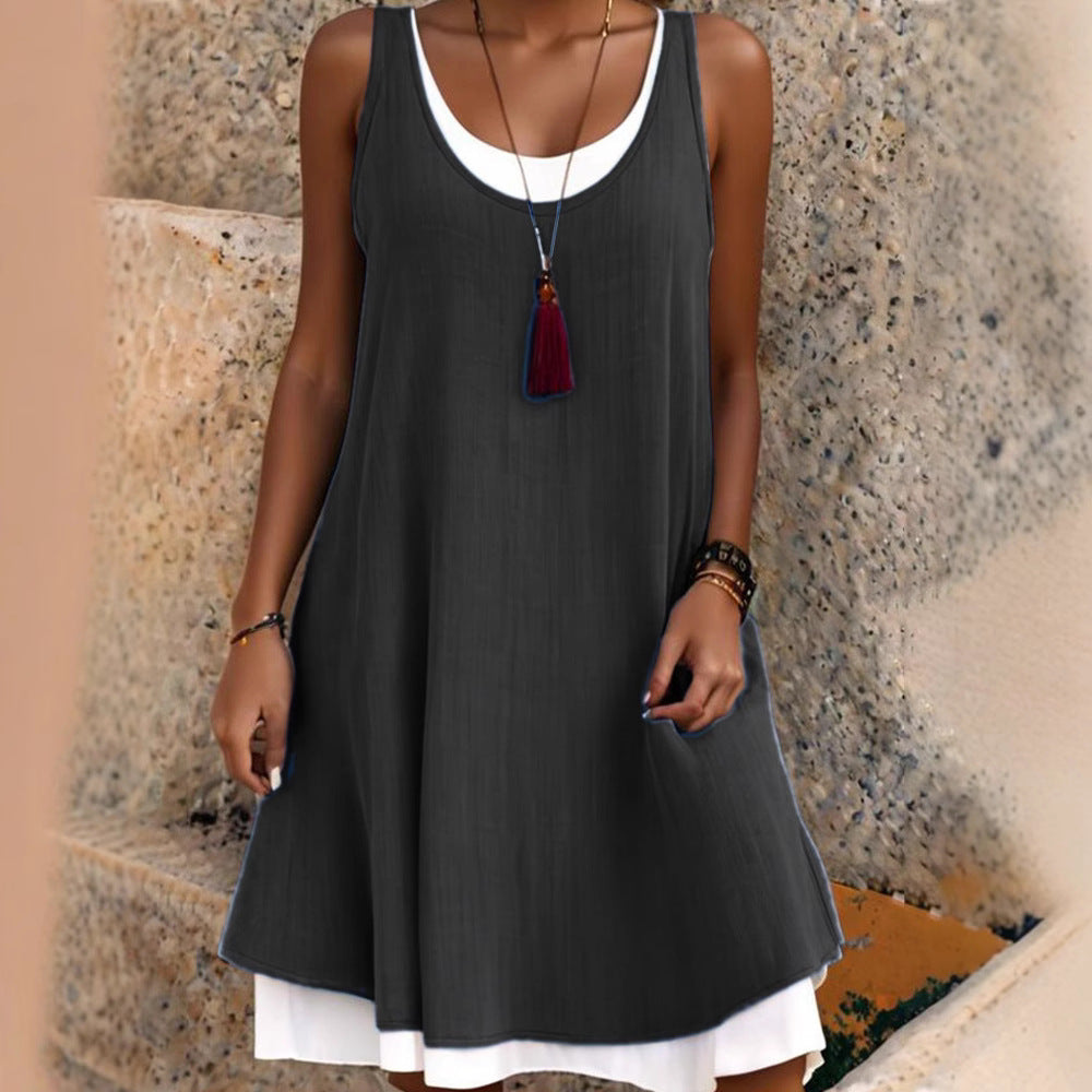 🔔Lässiges, lockeres, ärmelloses Tanktop-Kleid in Layering-Optik für Damen