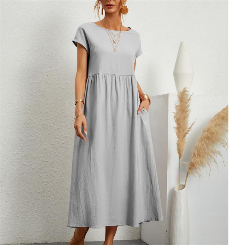 👗🌸 Kvinnors Bomull-Linne Enfärgad Klänning med Fickor – Andningsbar, Smickrande Midja & Lättvikt – Perfekt För Vår & Sommar ☀️