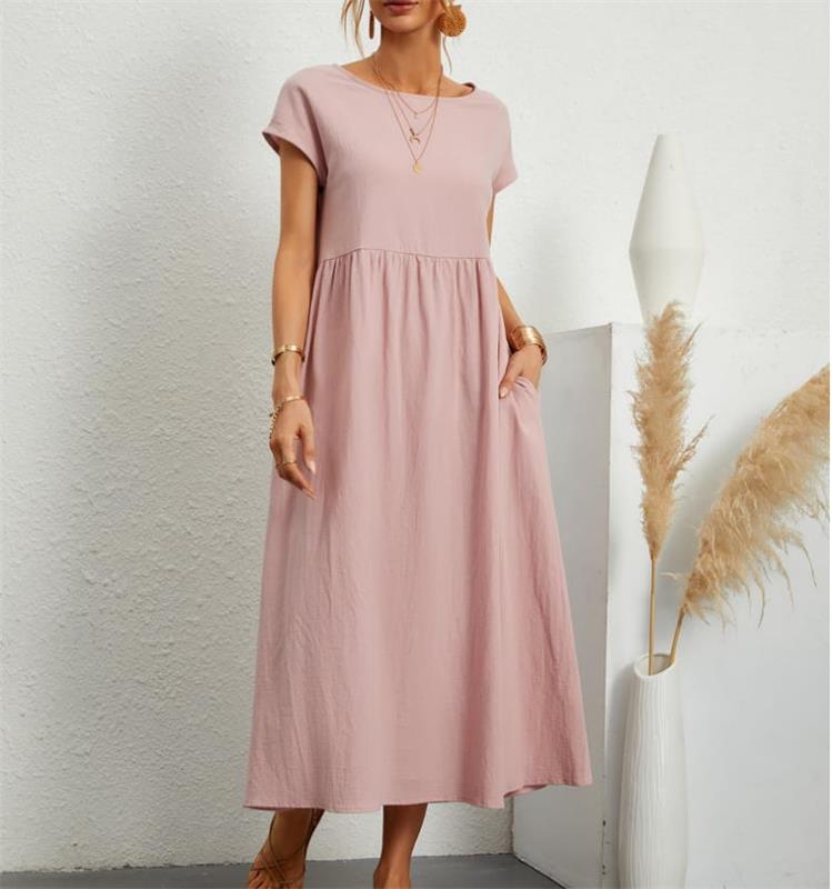 👗🌸 Kvinnors Bomull-Linne Enfärgad Klänning med Fickor – Andningsbar, Smickrande Midja & Lättvikt – Perfekt För Vår & Sommar ☀️
