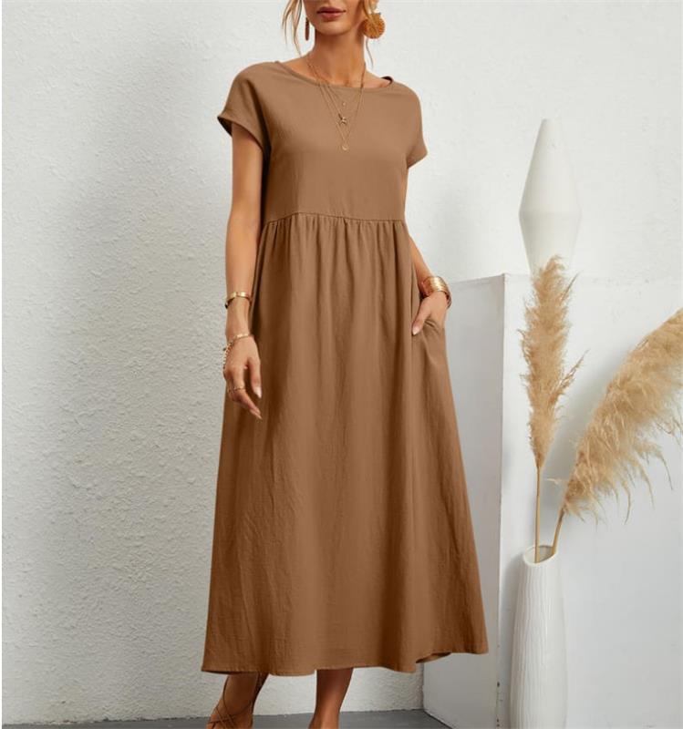 👗🌸 Kvinnors Bomull-Linne Enfärgad Klänning med Fickor – Andningsbar, Smickrande Midja & Lättvikt – Perfekt För Vår & Sommar ☀️