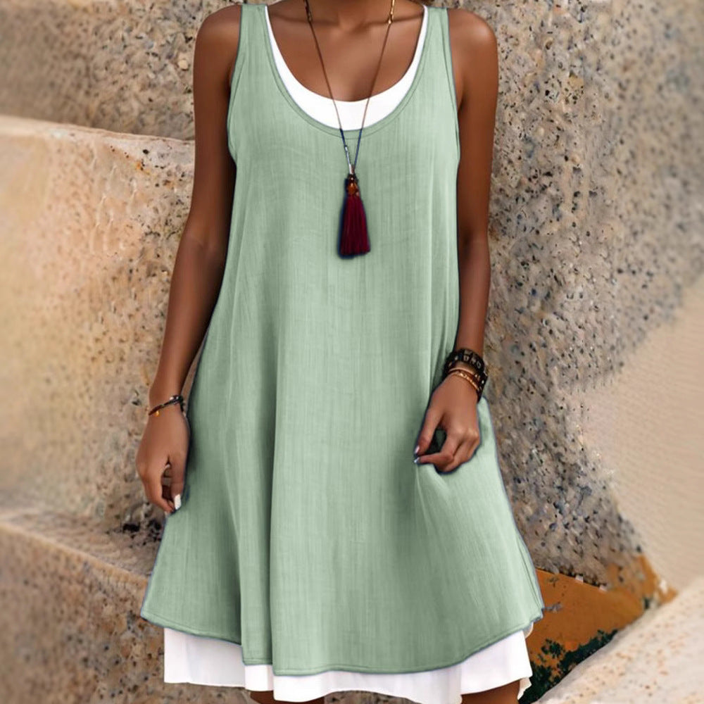 🔔Lässiges, lockeres, ärmelloses Tanktop-Kleid in Layering-Optik für Damen