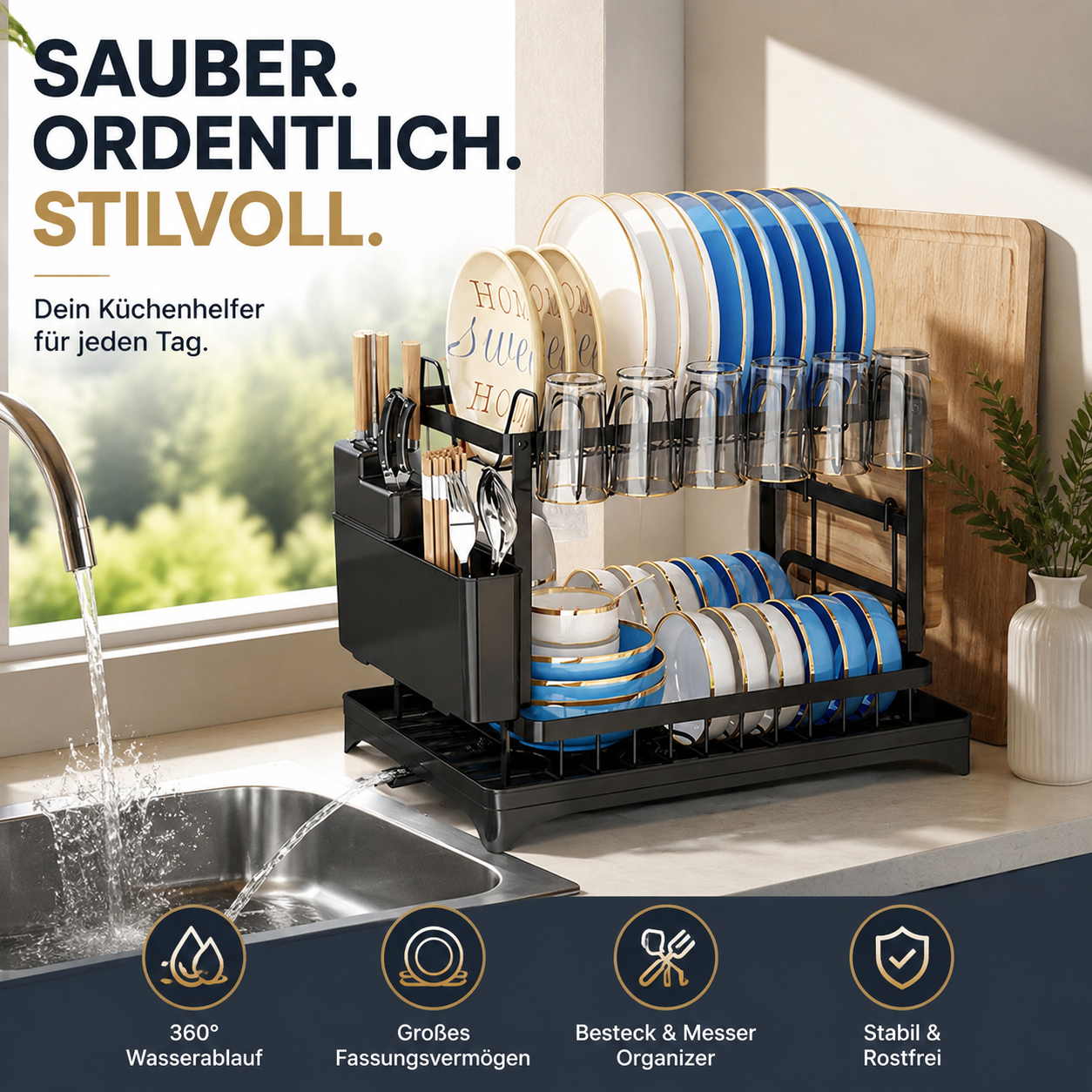 🍽️💧 50% RABATT!! 2-in-1 Geschirr-Abtropfregal mit Ablaufschale – Maximale Fläche, minimaler Platz, schnell trocken ⚡⏰