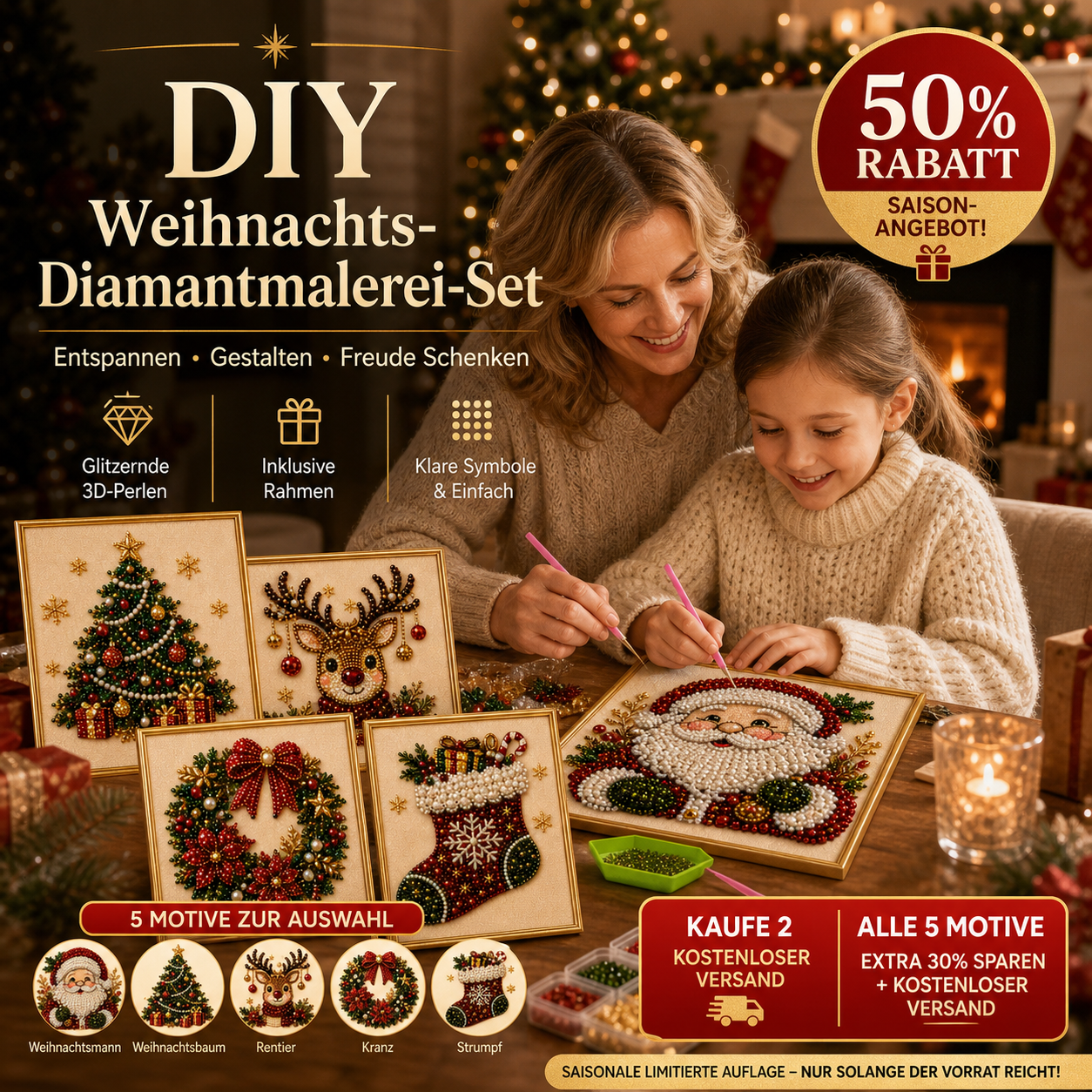 💎 -50% RABATT | 🎅Weihnachts-Diamond-Painting-Set – Kreativer Bastelspaß für Groß & Klein