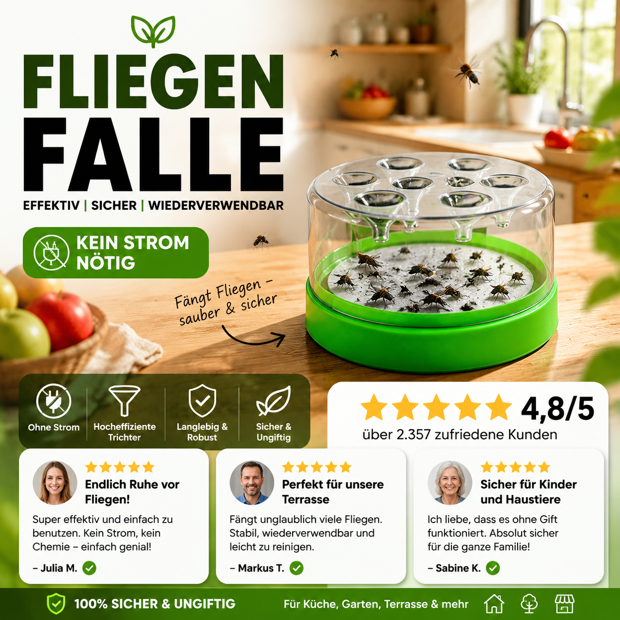 Wiederverwendbare, nicht-elektrische Fliegenfalle – sicher für Haustiere und Kinder 🐶👶🚫⚡