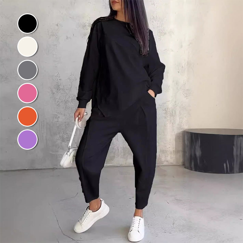 👚 50% RABATT! 💕👖 Damen Langarm-Sweatshirt & Hose Set – Unregelmäßiger Saum, Weiches Material & Bequemer Oversized-Schnitt für Zuhause 🍂