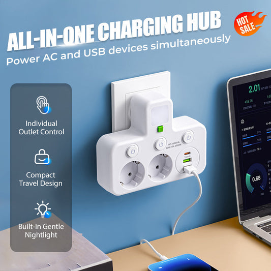 🔌EU-Stecker-Wandler-Steckdose mit 4 Steckdosen, Multi-Port-Wanddose mit unabhängigem Schalter und kleinem Nachtlichtadapter
