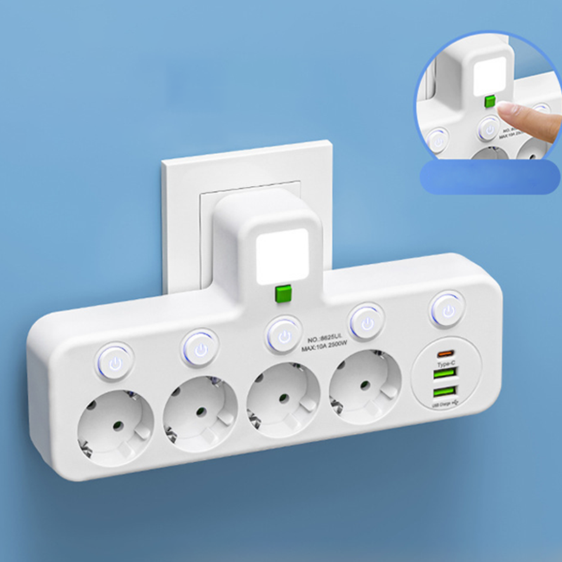 🔌EU-Stecker-Wandler-Steckdose mit 4 Steckdosen, Multi-Port-Wanddose mit unabhängigem Schalter und kleinem Nachtlichtadapter