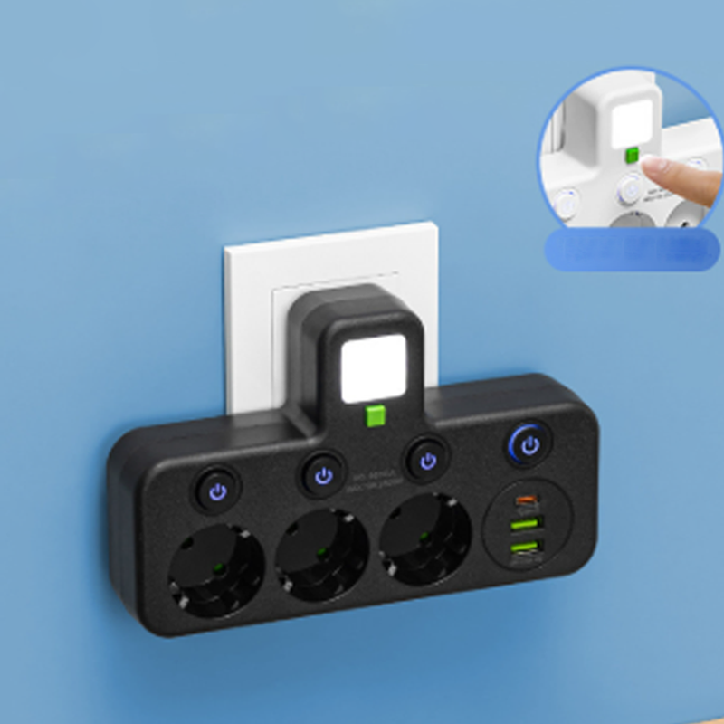 🔌EU-Stecker-Wandler-Steckdose mit 4 Steckdosen, Multi-Port-Wanddose mit unabhängigem Schalter und kleinem Nachtlichtadapter