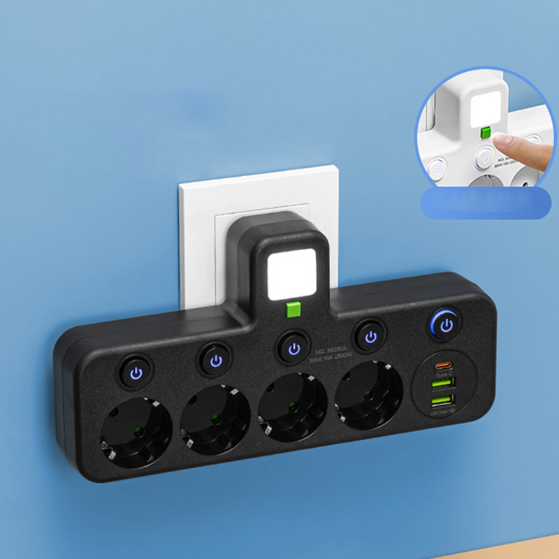🔌EU-Stecker-Wandler-Steckdose mit 4 Steckdosen, Multi-Port-Wanddose mit unabhängigem Schalter und kleinem Nachtlichtadapter