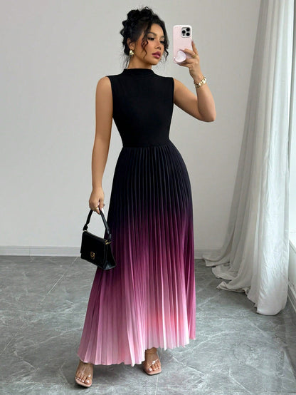 ✨ NUR FÜR BEGRENZTE ZEIT 50% RABATT! 🌺Ombré Ärmelloses Maxikleid Stehkragen A-Linie Plisseekleid Lila Gradient Sommerkleid❤️