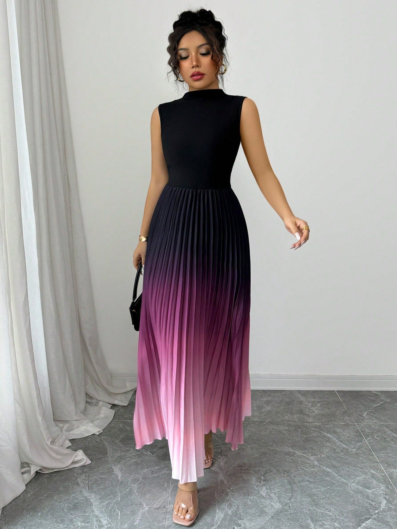 ✨ NUR FÜR BEGRENZTE ZEIT 50% RABATT! 🌺Ombré Ärmelloses Maxikleid Stehkragen A-Linie Plisseekleid Lila Gradient Sommerkleid❤️