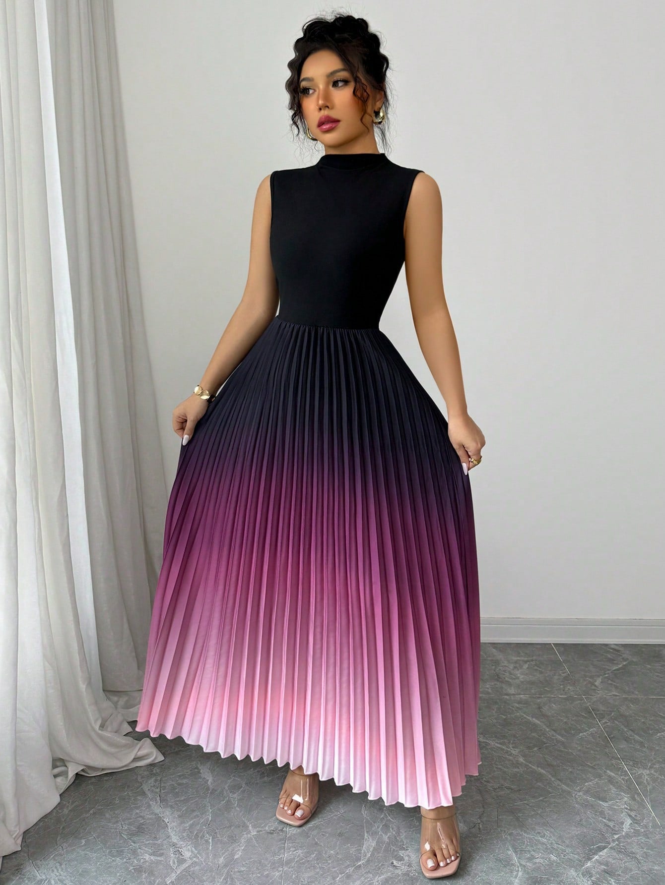 ✨ NUR FÜR BEGRENZTE ZEIT 50% RABATT! 🌺Ombré Ärmelloses Maxikleid Stehkragen A-Linie Plisseekleid Lila Gradient Sommerkleid❤️