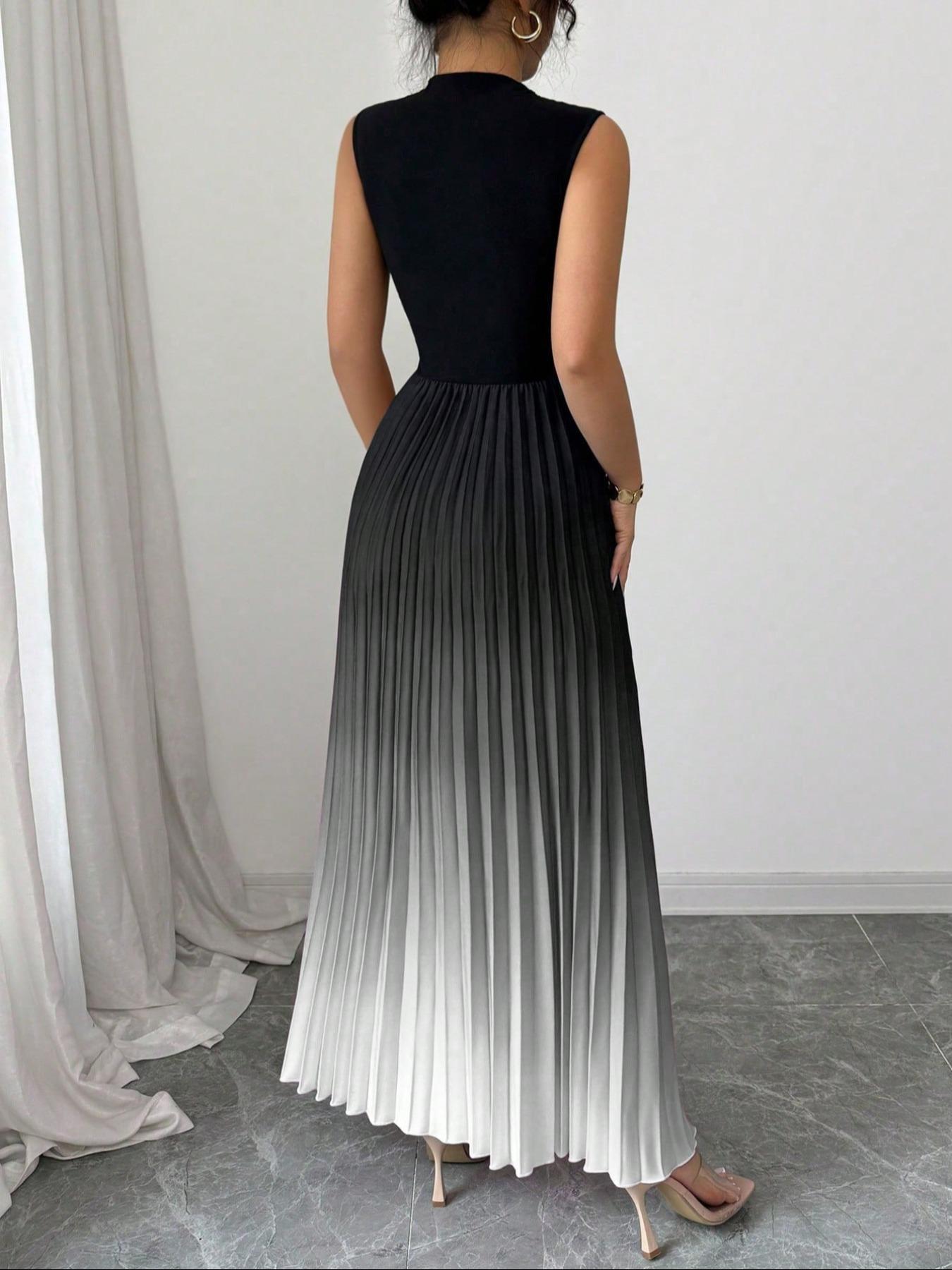 ✨ NUR FÜR BEGRENZTE ZEIT 50% RABATT! 🌺Ombré Ärmelloses Maxikleid Stehkragen A-Linie Plisseekleid Lila Gradient Sommerkleid❤️