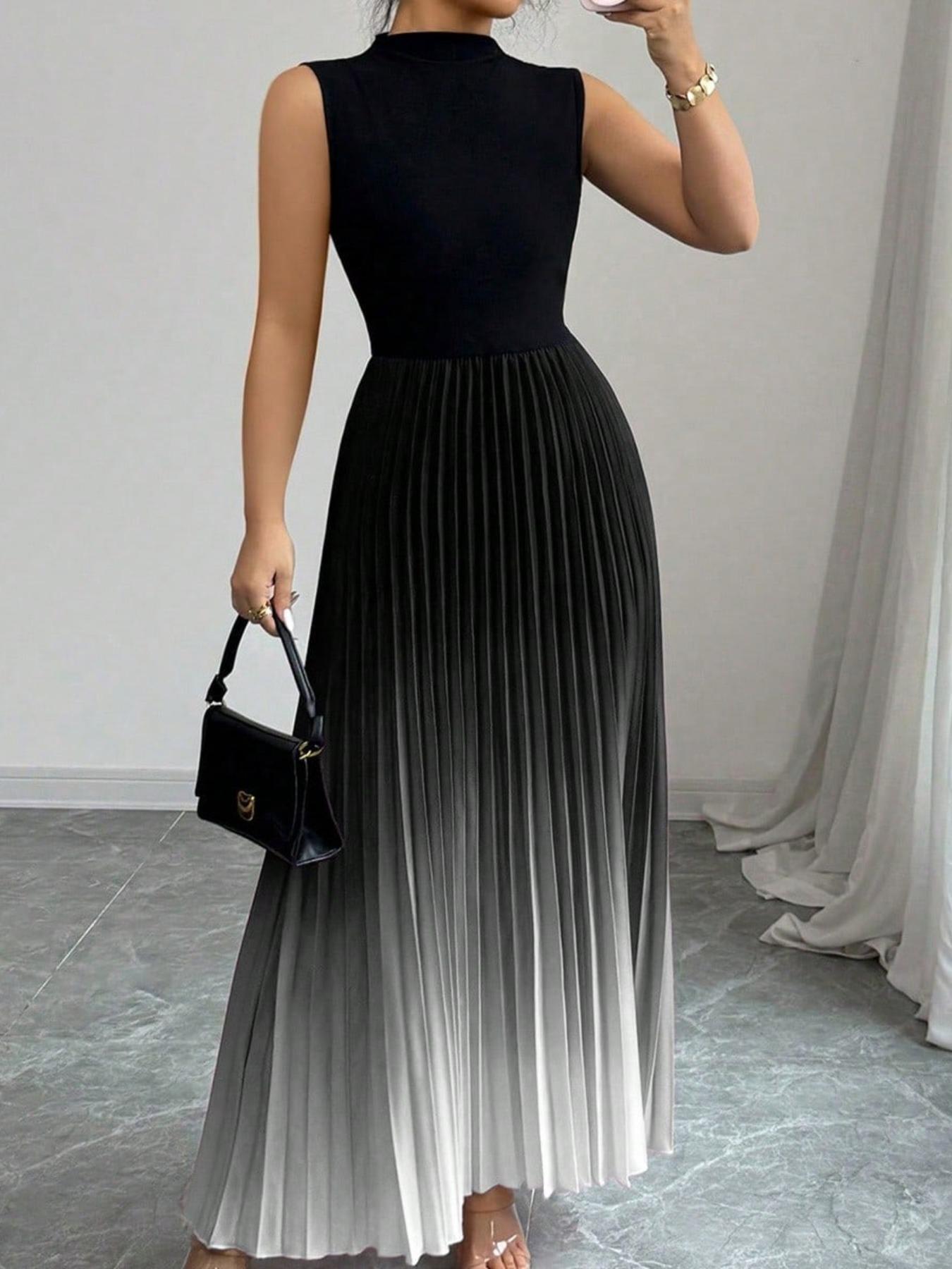 ✨ NUR FÜR BEGRENZTE ZEIT 50% RABATT! 🌺Ombré Ärmelloses Maxikleid Stehkragen A-Linie Plisseekleid Lila Gradient Sommerkleid❤️