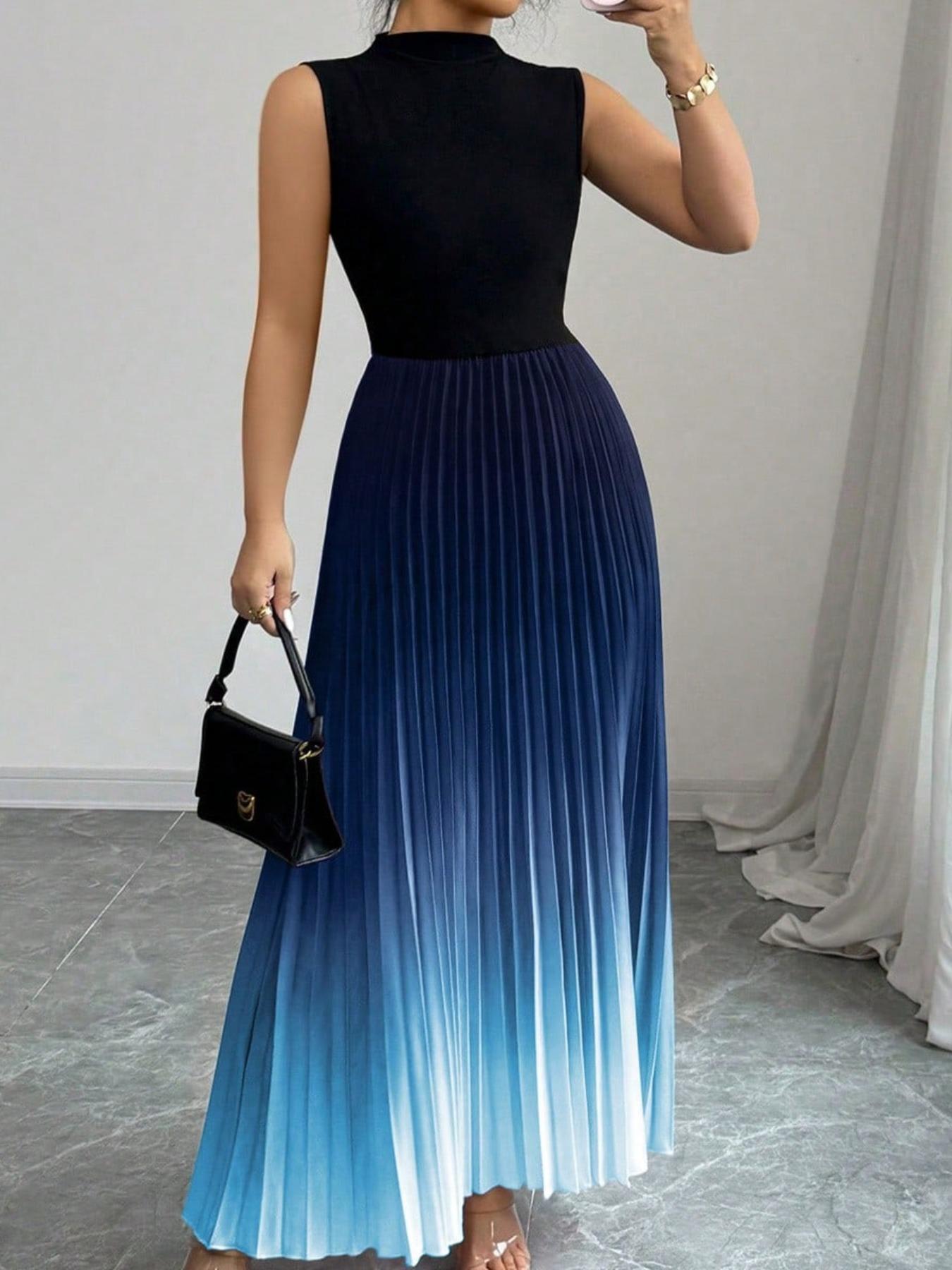 ✨ NUR FÜR BEGRENZTE ZEIT 50% RABATT! 🌺Ombré Ärmelloses Maxikleid Stehkragen A-Linie Plisseekleid Lila Gradient Sommerkleid❤️
