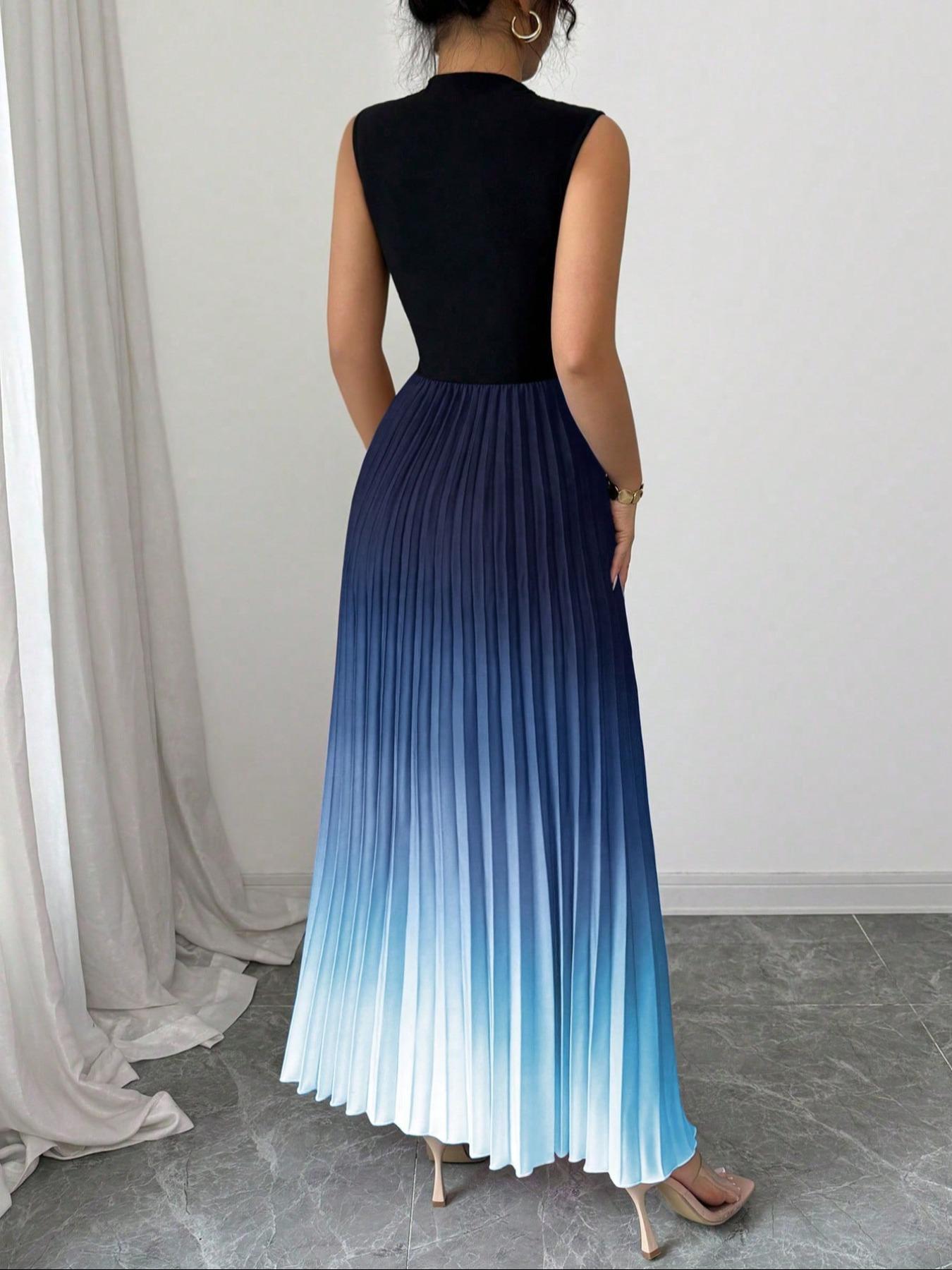 ✨ NUR FÜR BEGRENZTE ZEIT 50% RABATT! 🌺Ombré Ärmelloses Maxikleid Stehkragen A-Linie Plisseekleid Lila Gradient Sommerkleid❤️
