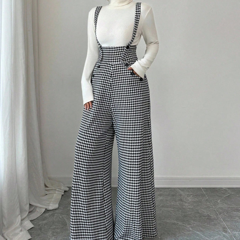 ✨🔥Klassische Damen-Hose mit hohem Bund, Hosenträgern und Hahnentrittmuster💞