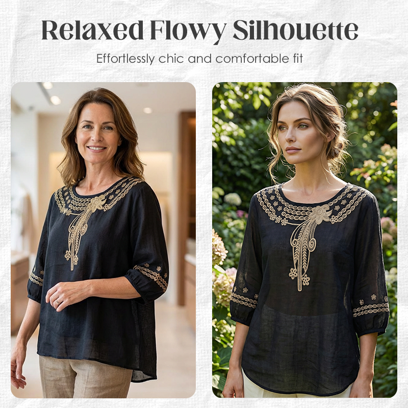 🔥👚 50% RABATT! Bestickte Bluse aus Baumwoll-Leinen-Mischung – natürliches Material, feminines Design, ideal für Alltag & Reise. 🌿💨
