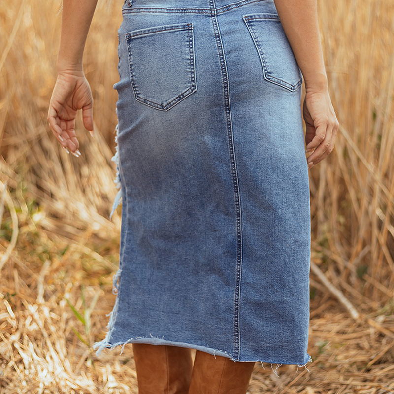 ✨Damen-Hochbund-Ripped-Denim-Midi-Rock