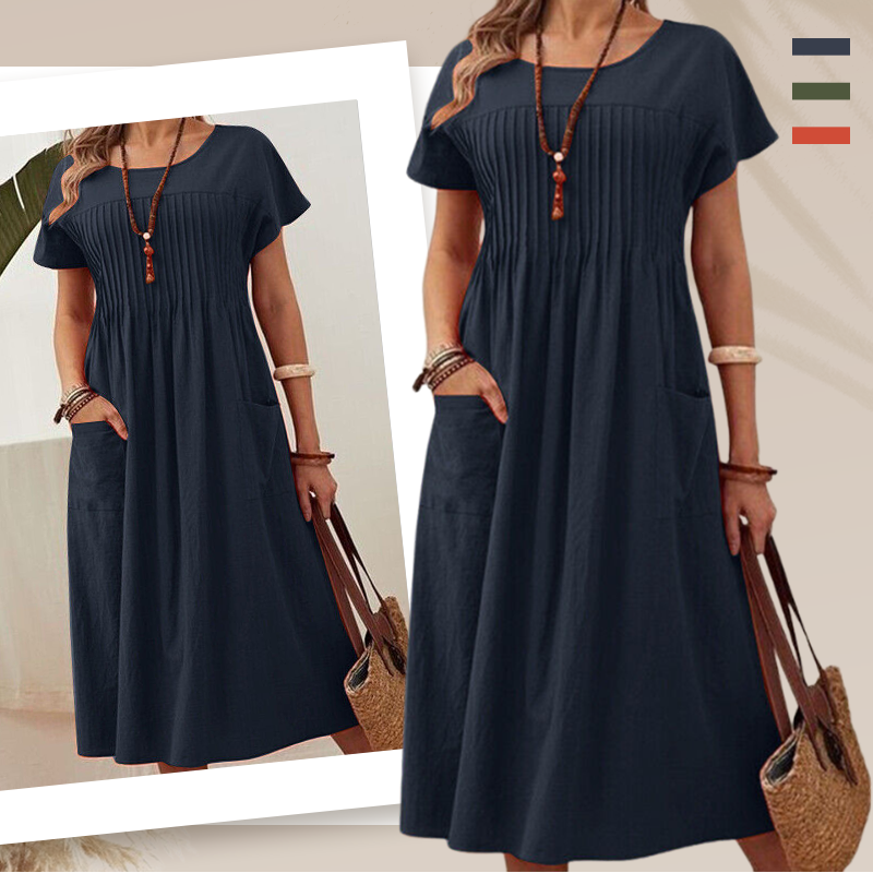 👗 50% RABATT! ✨ Faltenkleid für Damen mit Kurzen Ärmeln & Taschen – Bequem, Leicht & Perfekt für Den Sommer ☀️