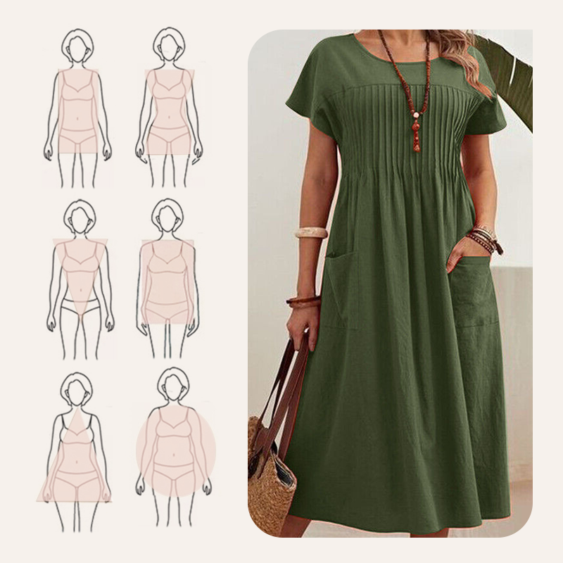 👗 50% RABATT! ✨ Faltenkleid für Damen mit Kurzen Ärmeln & Taschen – Bequem, Leicht & Perfekt für Den Sommer ☀️
