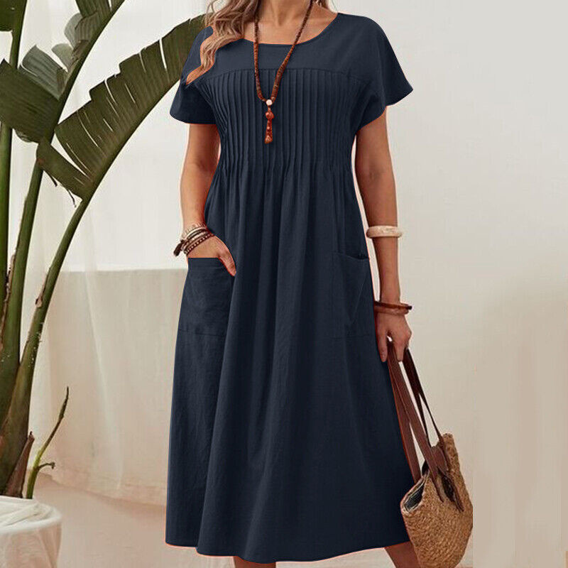 👗 50% RABATT! ✨ Faltenkleid für Damen mit Kurzen Ärmeln & Taschen – Bequem, Leicht & Perfekt für Den Sommer ☀️